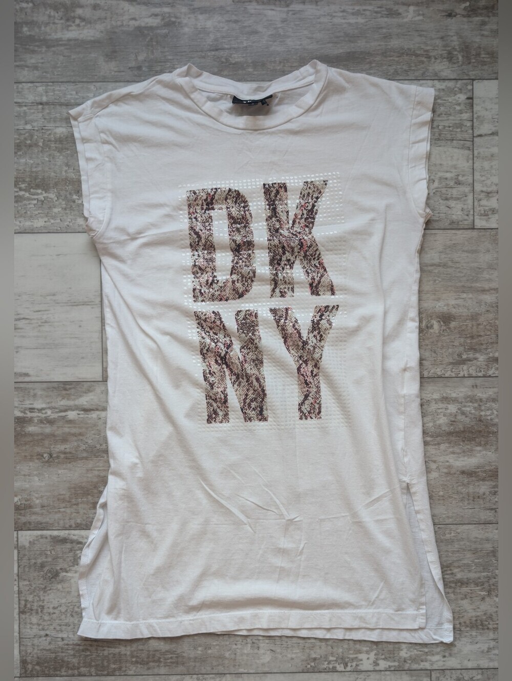 DKNY White Tank Top with Snake-Print Logo and Stud Accents